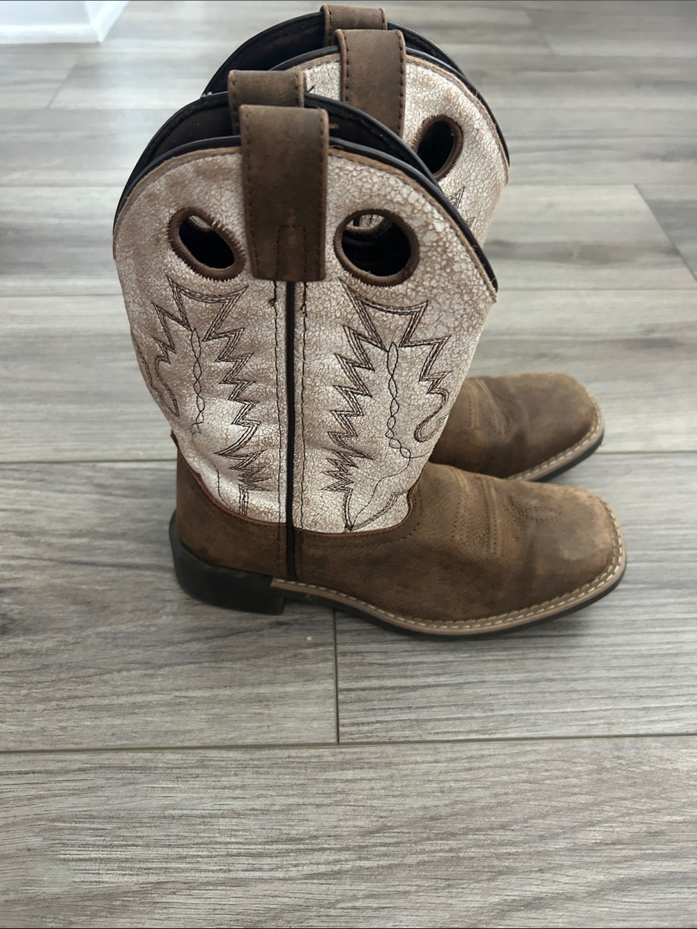 Kids Brown Suede Pull-On Western Boots with Cream Embroidered Shaft